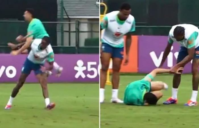 Il calcio violento di un giocatore della nazionale brasiliana a un compagno di squadra prima dell’esordio della Copa América