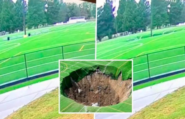 Il momento scioccante in cui un gigantesco cratere si è aperto su un campo di calcio negli Stati Uniti