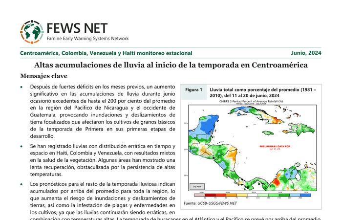 Monitoraggio stagionale America Centrale, Colombia, Venezuela e Haiti, giugno 2024: Elevati accumuli di pioggia all’inizio della stagione in America Centrale – Haiti